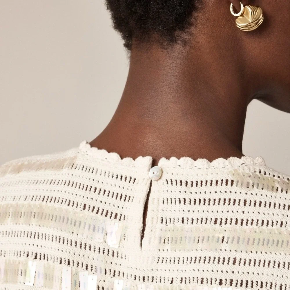 NWT!! J. CREW Crochet Shirt Shimmery Sequins Knit Party Glam Preppy X-Small‎